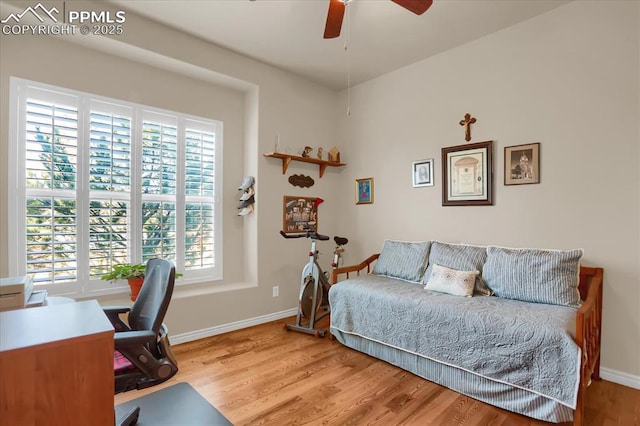 office space featuring a ceiling fan, baseboards, and wood finished floors
