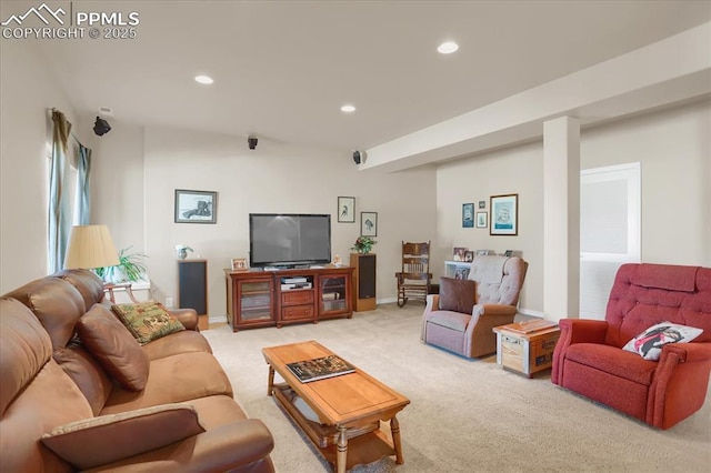 living room with baseboards, recessed lighting, and light carpet
