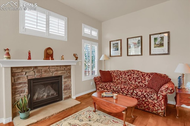 living room with baseboards, wood finished floors, and a glass covered fireplace