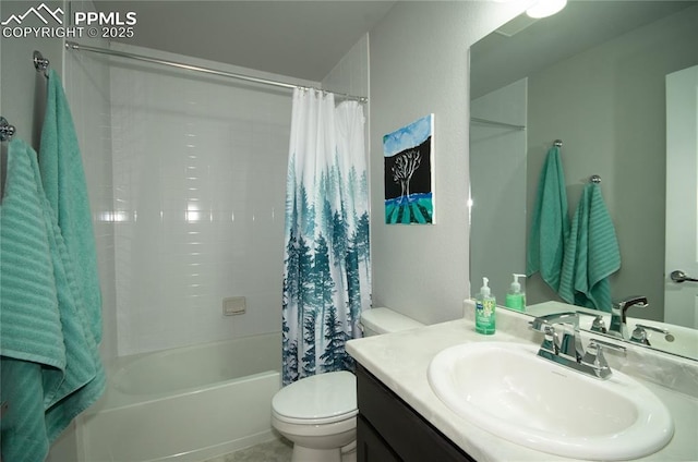 full bath with shower / bathtub combination with curtain, toilet, and vanity