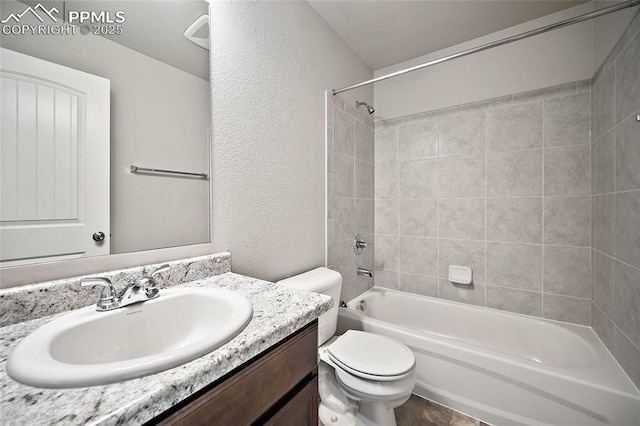 7718 Benecia Dr, Fountain, CO 80817 - full bath featuring toilet, shower / tub combination, vanity, and a textured wall