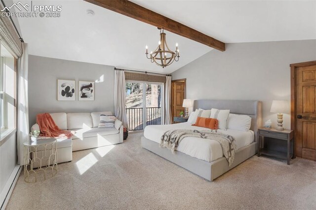 carpeted bedroom featuring an inviting chandelier, vaulted ceiling with beams, access to outside, and a baseboard heating unit