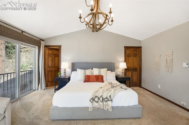 bedroom with an inviting chandelier, lofted ceiling, light carpet, access to exterior, and baseboards