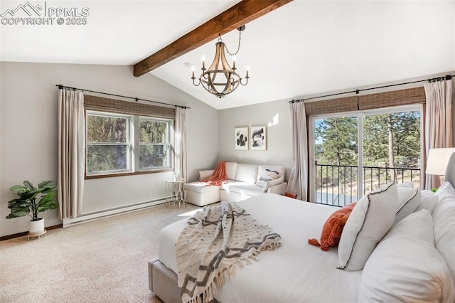 carpeted bedroom featuring an inviting chandelier, multiple windows, vaulted ceiling with beams, and a baseboard radiator