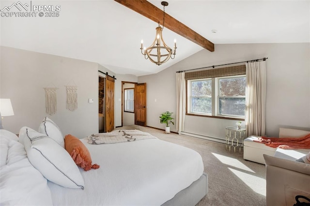 bedroom featuring a barn door, lofted ceiling with beams, a baseboard heating unit, an inviting chandelier, and carpet flooring