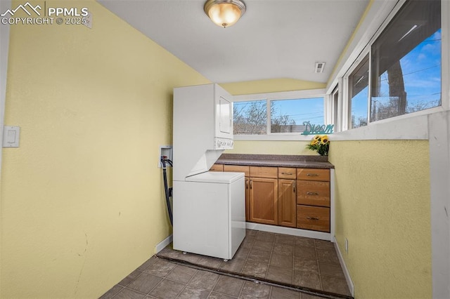 224 W Mill St, Colorado Springs, CO 80903 - laundry room with baseboards, cabinet space, and stacked washing maching and dryer