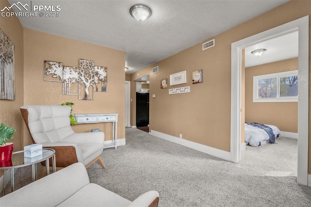 224 W Mill St, Colorado Springs, CO 80903 - living area featuring baseboards, carpet floors, a textured ceiling, and visible vents