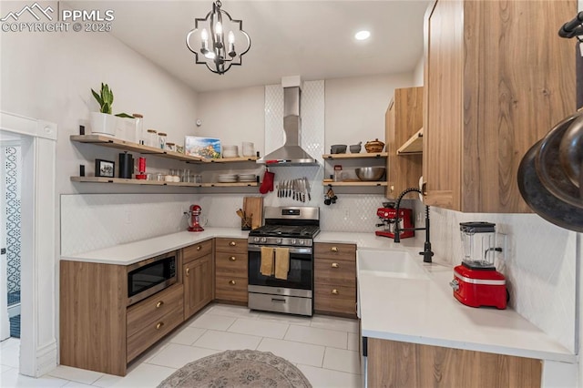 kitchen with open shelves, brown cabinetry, wall chimney range hood, and appliances with stainless steel finishes