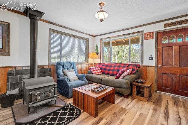 living room with wood walls, wood finished floors, a wood stove, and a wainscoted wall