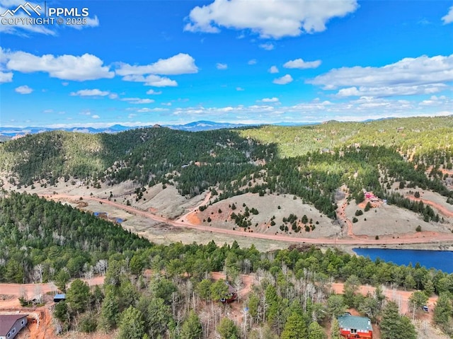 bird's eye view featuring a view of trees and a water and mountain view