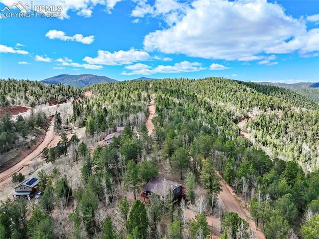 birds eye view of property featuring a mountain view and a wooded view