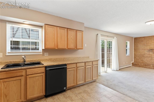 1187 Willow Bend Cir Unit A # 4, Colorado Springs, CO 80918 - kitchen featuring dishwasher, a baseboard radiator, light brown cabinetry, a textured ceiling, and light colored carpet