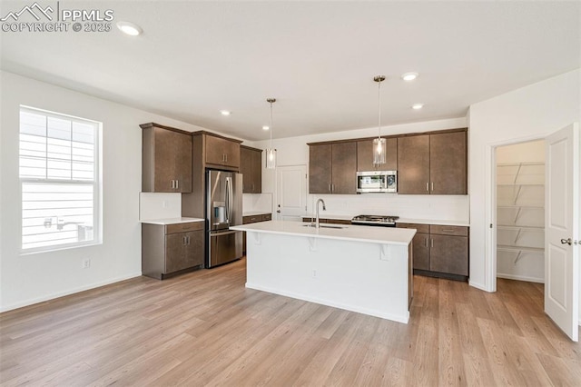 1821 Water Birch Way, Castle Rock, CO 80108 - kitchen featuring light countertops, a sink, light wood-style flooring, stainless steel appliances, and dark brown cabinets