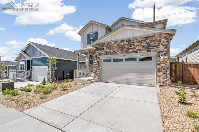 1821 Water Birch Way, Castle Rock, CO 80108 - craftsman inspired home featuring stone siding, fence, a garage, concrete driveway, and board and batten siding