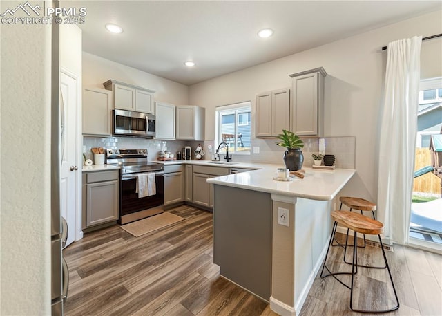 kitchen featuring gray cabinetry, dark wood-style floors, a peninsula, and appliances with stainless steel finishes