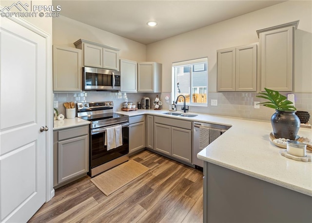 kitchen featuring gray cabinetry, decorative backsplash, a sink, appliances with stainless steel finishes, and wood finished floors
