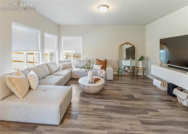 living area with baseboards and wood finished floors