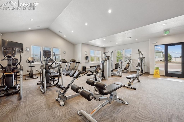 10713 Traders Pkwy, Fountain, CO 80817 - gym with lofted ceiling, light colored carpet, recessed lighting, and baseboards