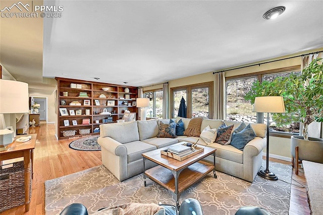living area with wood finished floors, baseboards, and built in features