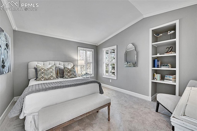 bedroom with crown molding, baseboards, carpet flooring, and lofted ceiling