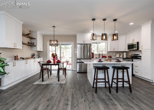 1021 Pioneer Ln, Colorado Springs, CO 80904 - kitchen with appliances with stainless steel finishes, dark wood-style floors, white cabinets, open shelves, and light countertops
