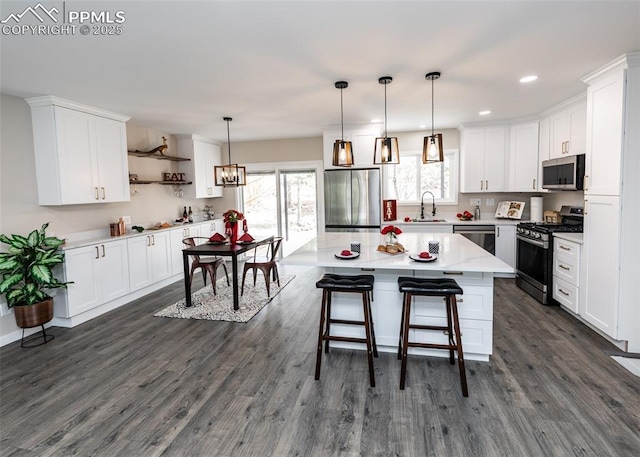 1021 Pioneer Ln, Colorado Springs, CO 80904 - kitchen with stainless steel appliances, dark wood-style floors, a sink, open shelves, and recessed lighting