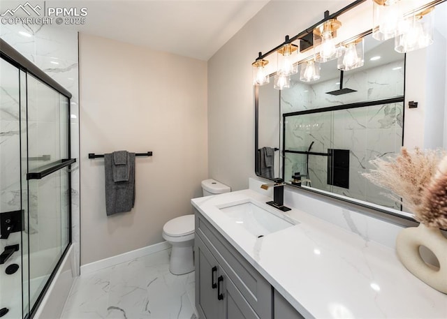 1021 Pioneer Ln, Colorado Springs, CO 80904 - full bathroom with marble look tiles, toilet, baseboards, vanity, and enclosed tub / shower combo