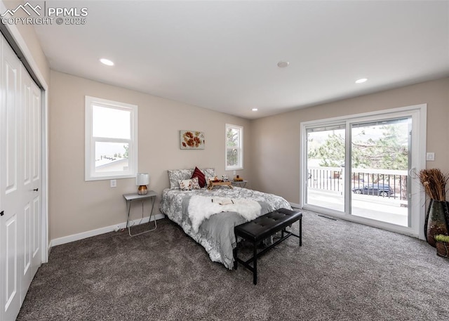1021 Pioneer Ln, Colorado Springs, CO 80904 - bedroom with access to exterior, dark colored carpet, a closet, baseboards, and recessed lighting
