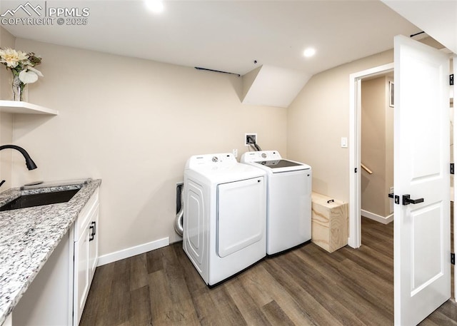 1021 Pioneer Ln, Colorado Springs, CO 80904 - laundry room featuring separate washer and dryer, dark wood-type flooring, baseboards, cabinet space, and recessed lighting