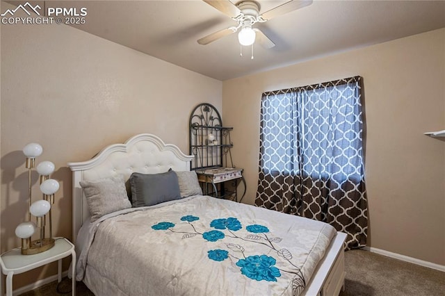 bedroom with baseboards, ceiling fan, and carpet