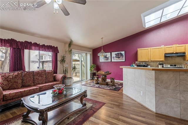 living room featuring a ceiling fan, vaulted ceiling, and wood finished floors