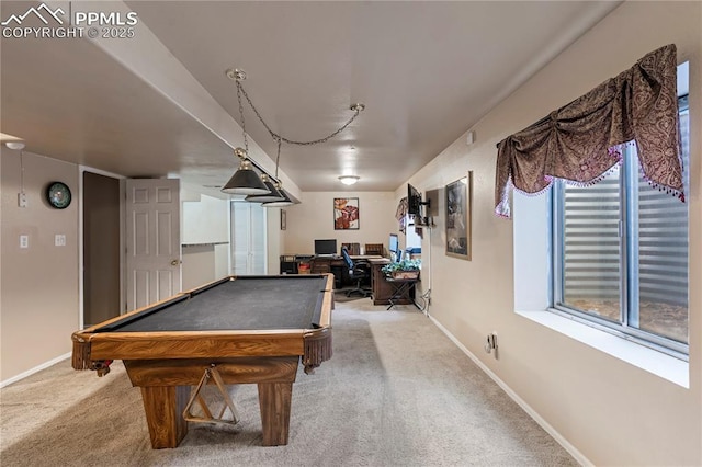 rec room featuring baseboards, carpet floors, and billiards