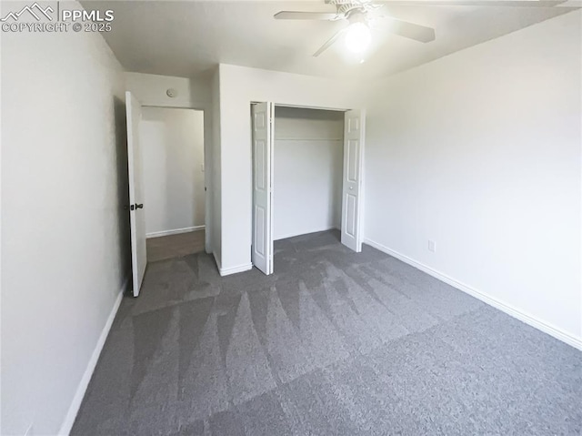 unfurnished bedroom with baseboards, ceiling fan, a closet, and carpet