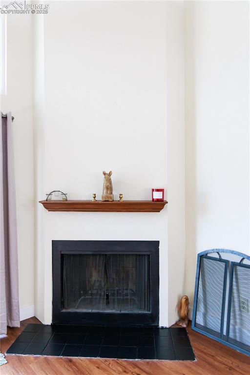 details featuring a fireplace with flush hearth and wood finished floors
