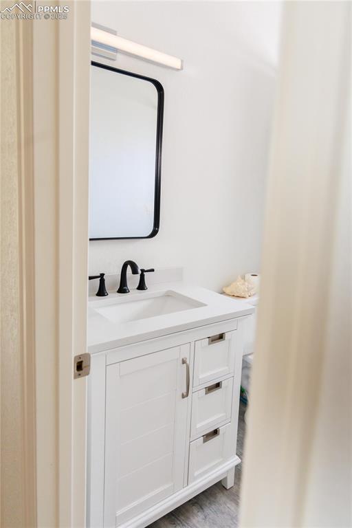 bathroom featuring vanity and wood finished floors
