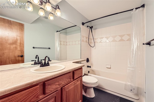 bathroom with shower / tub combo with curtain, toilet, tile patterned floors, and vanity