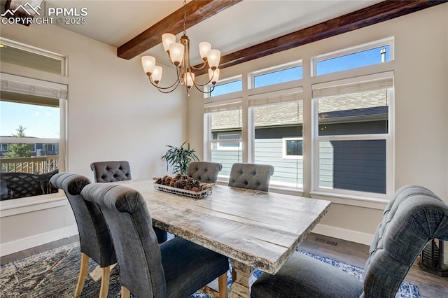 dining room featuring a chandelier, dark wood-style floors, beam ceiling, and plenty of natural light