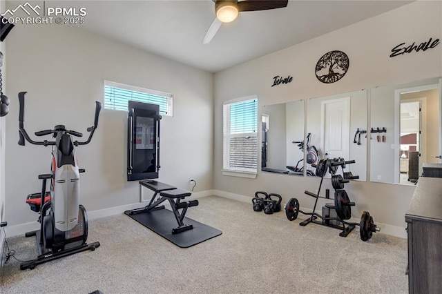 workout area featuring carpet flooring, a ceiling fan, and a healthy amount of sunlight