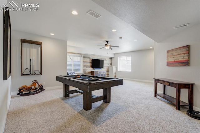 recreation room featuring pool table, visible vents, recessed lighting, carpet flooring, and baseboards