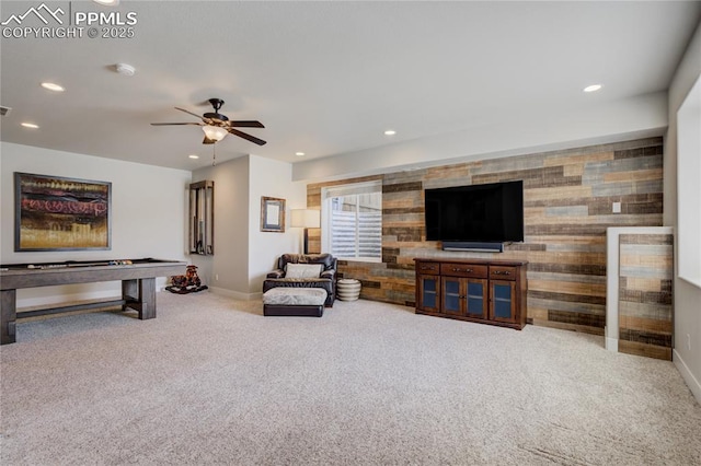 carpeted living room with recessed lighting, baseboards, and ceiling fan