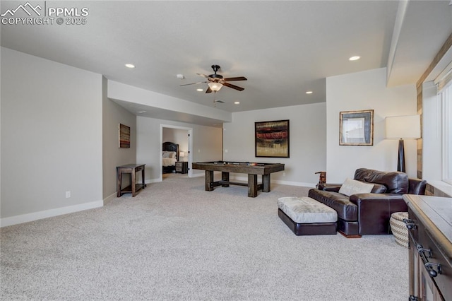 recreation room featuring ceiling fan, recessed lighting, light carpet, baseboards, and billiards