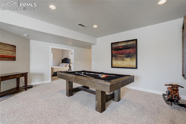 playroom featuring light colored carpet, baseboards, billiards, and visible vents