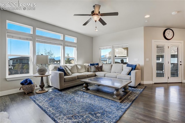 living area featuring recessed lighting, baseboards, a ceiling fan, and wood finished floors