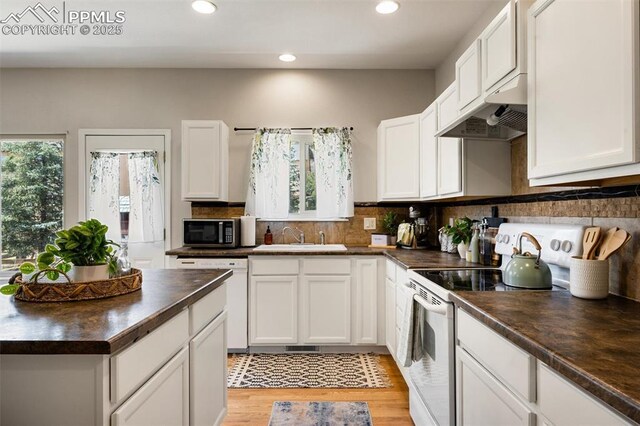 4454 College Park Ct, Colorado Springs, CO 80918 - kitchen featuring recessed lighting, white appliances, decorative backsplash, a sink, and white cabinets