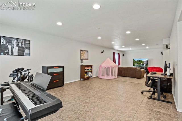 office area with baseboards, light tile patterned flooring, and recessed lighting