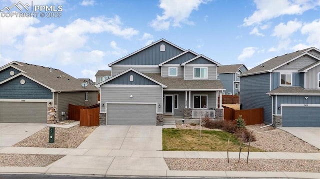 13424 Stone Valley Dr, Peyton, CO 80831 - craftsman-style house featuring board and batten siding, a porch, fence, and stone siding