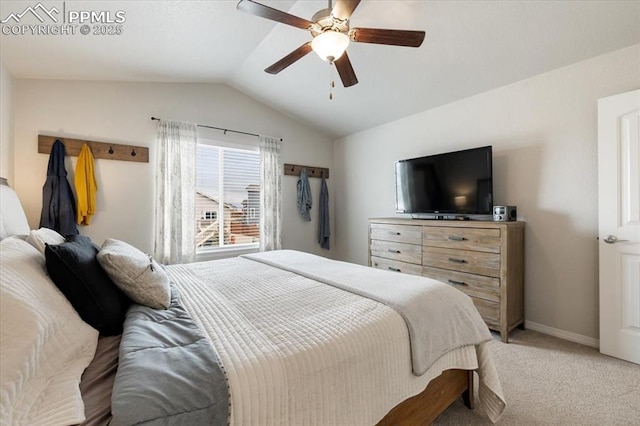 13424 Stone Valley Dr, Peyton, CO 80831 - bedroom with ceiling fan, vaulted ceiling, light carpet, and baseboards