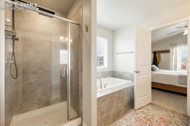 13424 Stone Valley Dr, Peyton, CO 80831 - ensuite bathroom featuring ensuite bathroom, a bath, a ceiling fan, a stall shower, and tile patterned floors