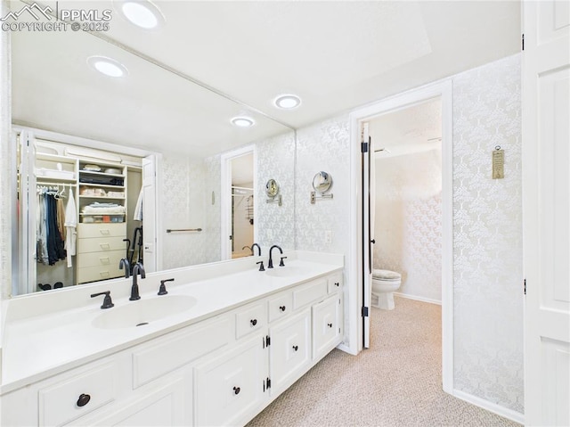 bathroom featuring double vanity, a spacious closet, toilet, and a sink