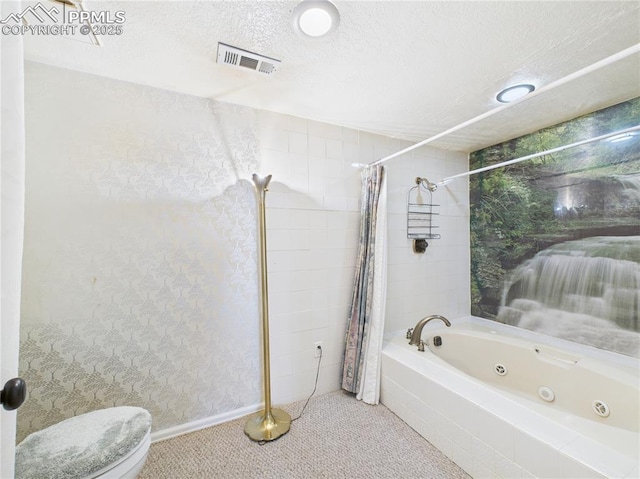 full bath featuring a textured ceiling, visible vents, toilet, and a combined bath / shower with jetted tub